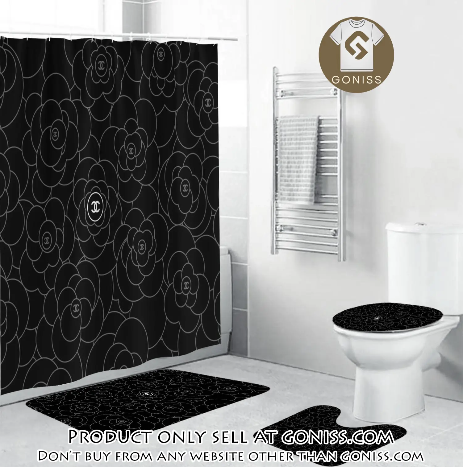 Chanel white signature flower in black background bathroom set accessories gn5257933